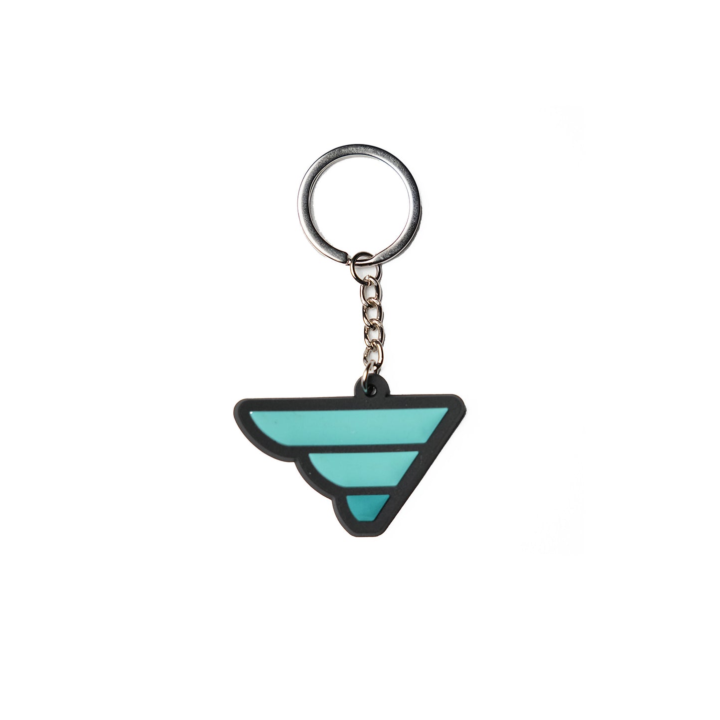 Fatlace wing keychain with a silver ring, chain, and a stylized turquoise wing design.