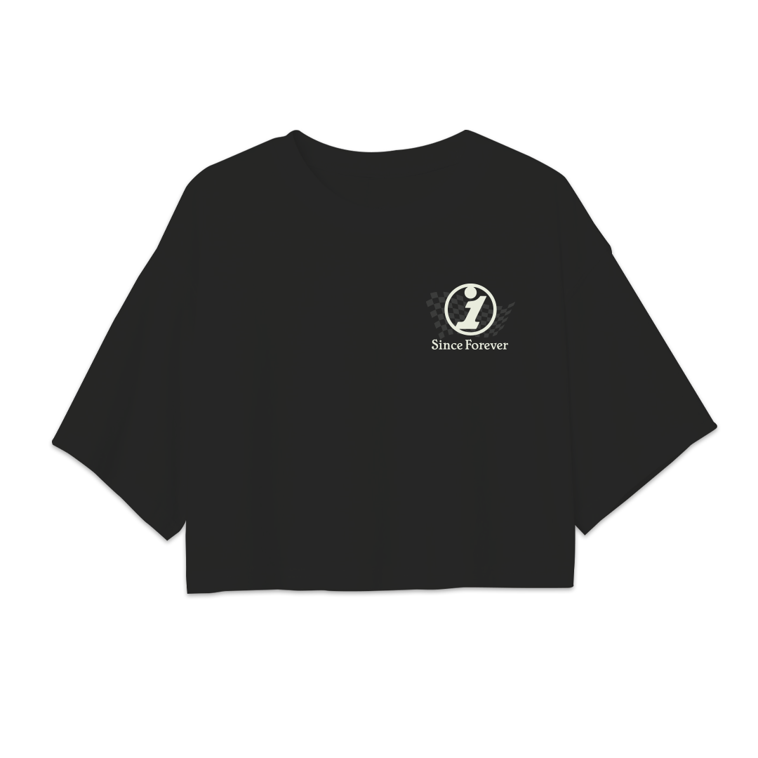 Black crop top with a small logo featuring a stylized figure and the text Since Forever on the front.