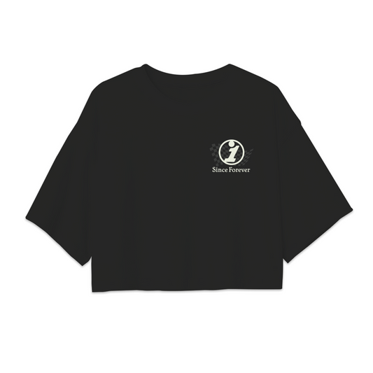 Black crop top with a small logo featuring a stylized figure and the text Since Forever on the front.