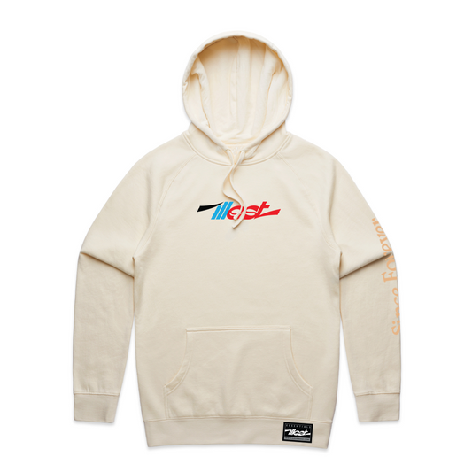 Cream-colored Illest Essentials Hoodie featuring a multicolored logo on the chest, a front pocket, and "Since Forever" printed on the sleeve.