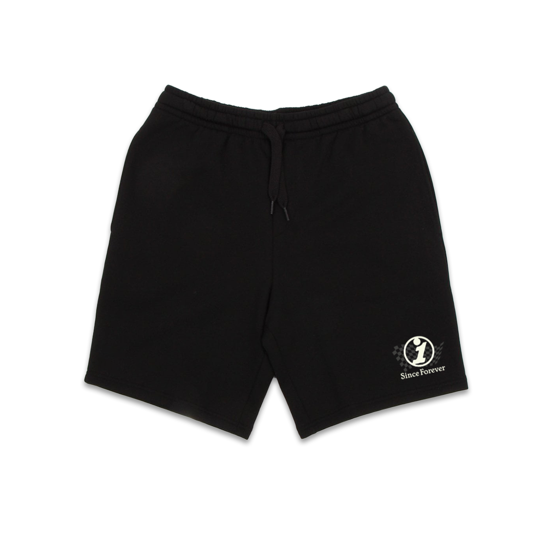Black fleece shorts with an elastic waistband and drawstring, featuring a "Since Forever" logo on the lower right leg.