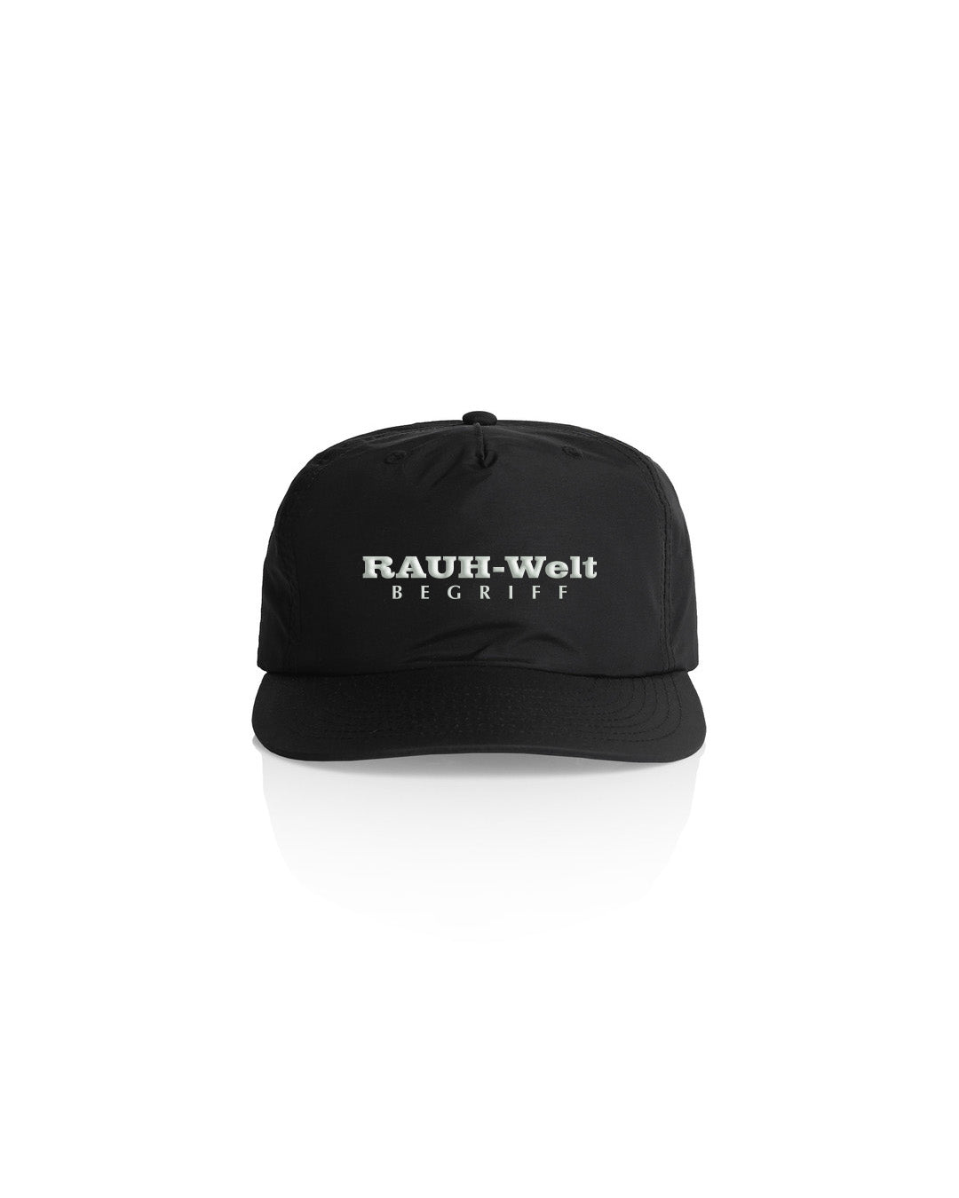 Black dad cap with "Rauh-Welt Begriffe" embroidered in white on the front, featuring a curved brim and adjustable strap.