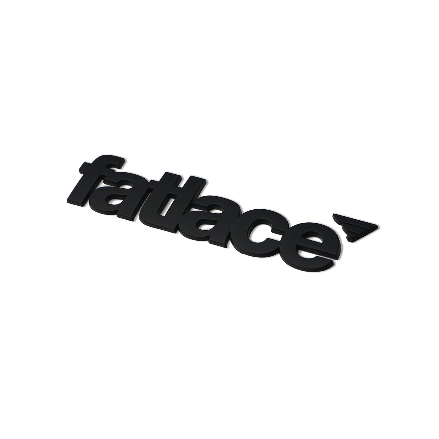Black Fatlace emblem with bold 3D lettering and a small winged arrow logo on a white background.