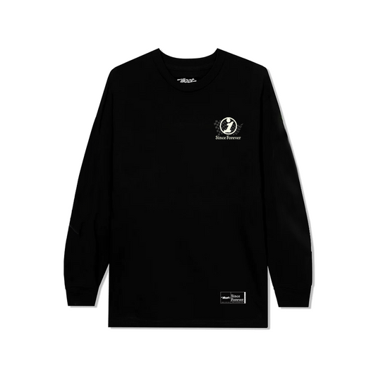 Black long-sleeve T-shirt with "Since Forever" logo and graphic details on the chest and hem.