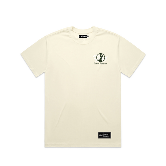 Cream-colored T-shirt featuring a small logo with an info icon and the text "Since Forever" on the upper left chest area.