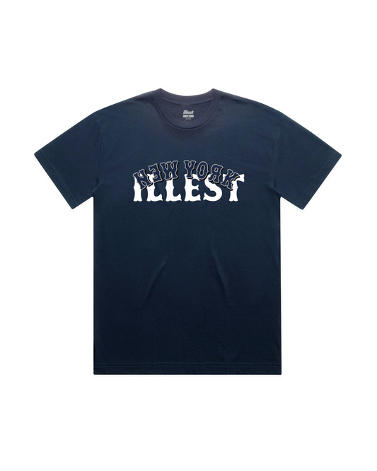 Navy blue T-shirt with "Illest New York" logo printed across the front in bold white and black lettering.