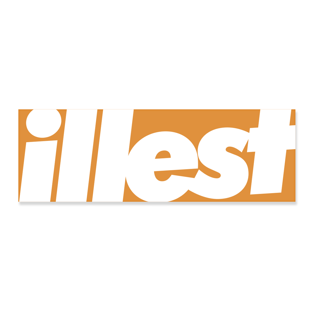 Bold white logo sticker with the word "illest" on an orange background, featuring large, stylized, uppercase and lowercase letters.