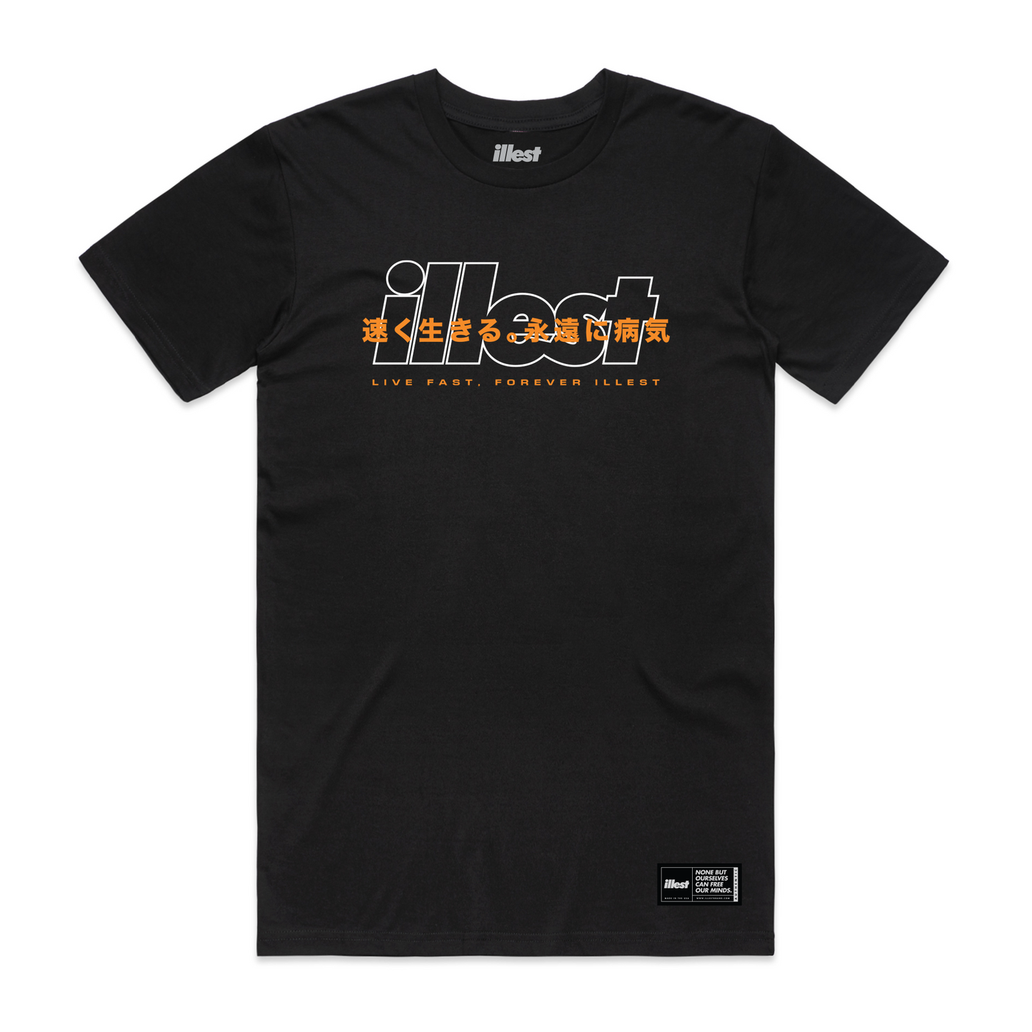 Black Illest Live Fast Tee featuring bold white and orange graphic text with Japanese characters and a small black label at the bottom.