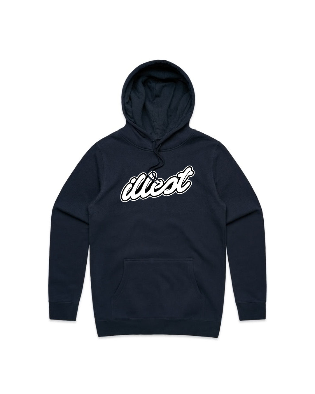 Navy blue hoodie with a front pocket and drawstring hood, featuring white "illest" script logo on the chest.