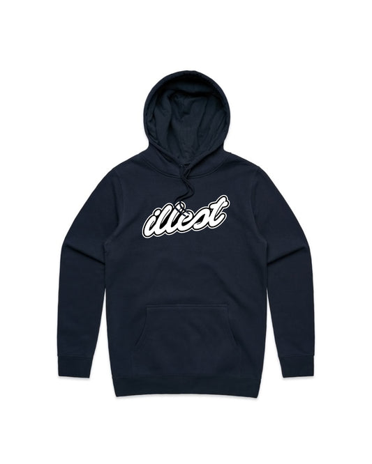 Navy blue hoodie with a front pocket and drawstring hood, featuring white "illest" script logo on the chest.