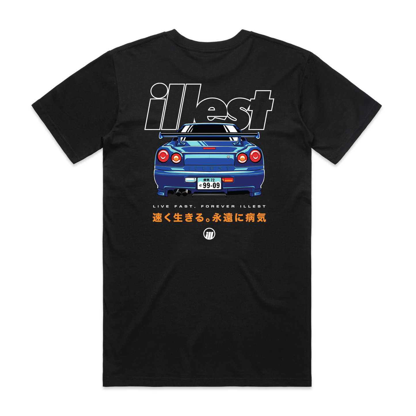 Black Illest Live Fast Tee featuring a graphic of a blue sports car, bold logo, and Japanese text, emphasizing speed and style.