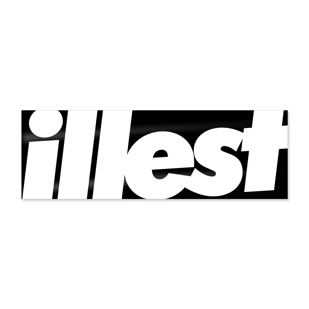 Bold black and white logo sticker with the word "illest" in large, stylized font on a rectangular background.