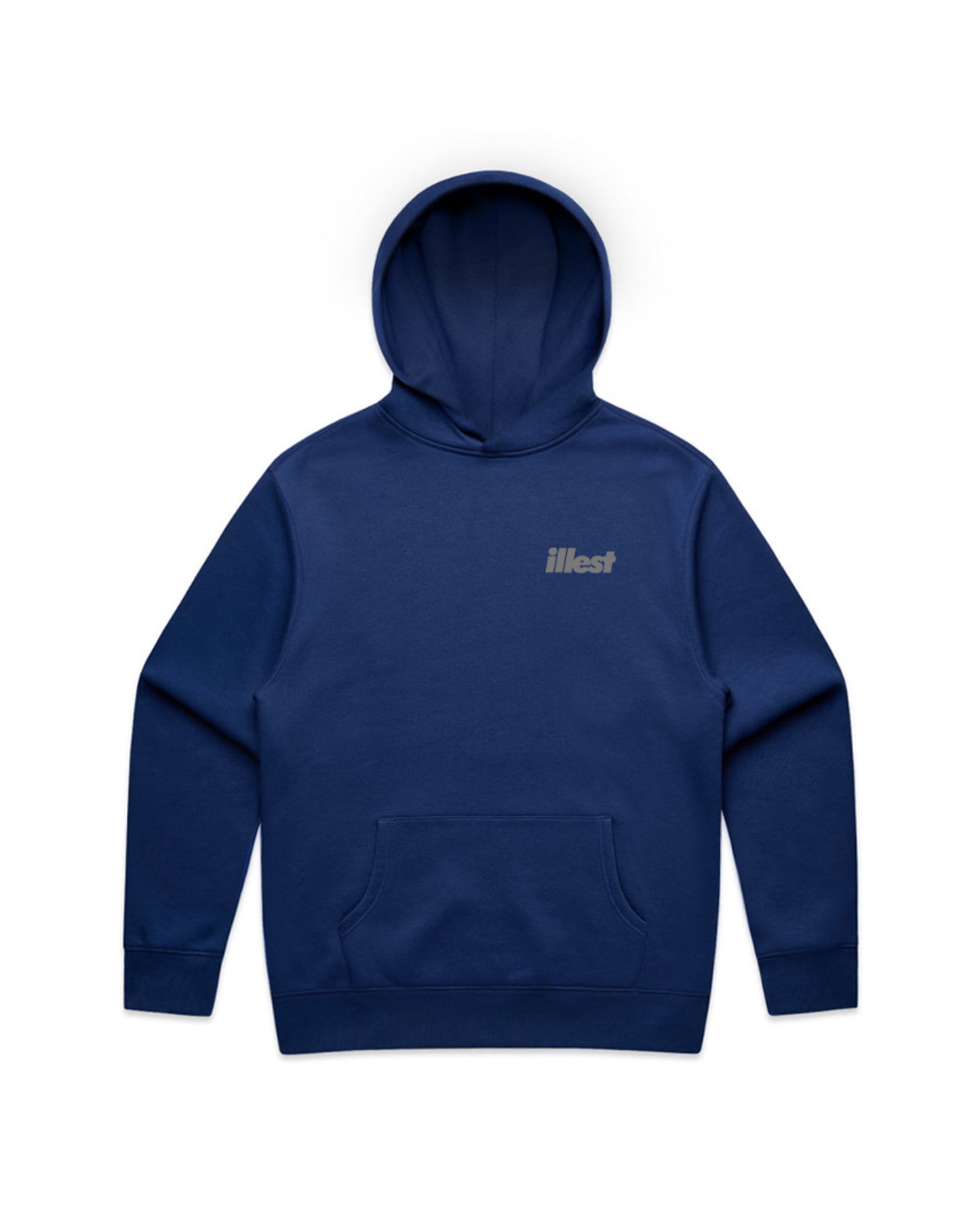Illest Prime Essentials blue hoodie with a front pocket and logo on the chest, featuring a drawstring hood and ribbed cuffs.