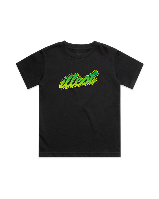 Black youth T-shirt with a green and yellow "Illest" script logo across the chest.