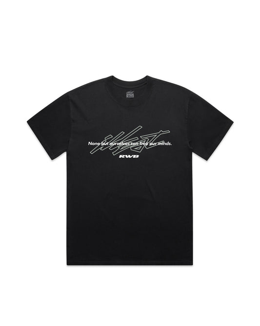 Black Illest Rough-World T-shirt featuring a graphic design with text and abstract elements on the front.