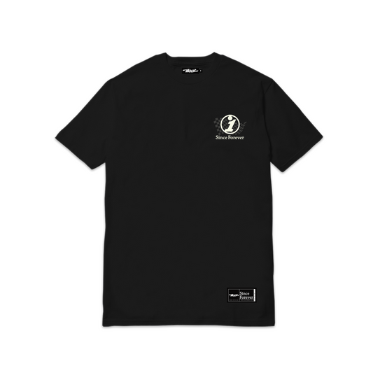 Black T-shirt with a small logo and text reading Since Forever on the front left chest and a rectangular label at the bottom.