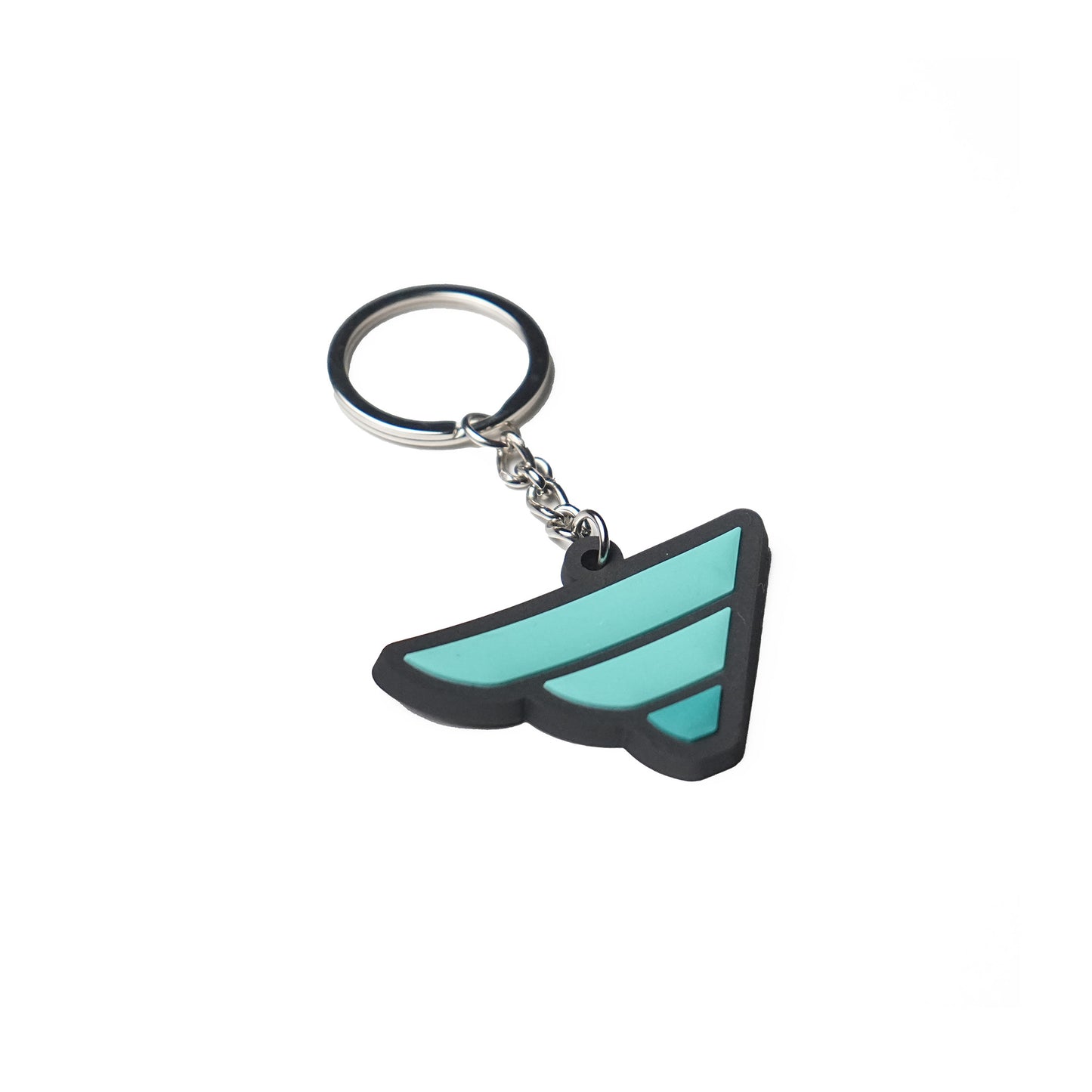 Fatlace wing-shaped keychain with turquoise and black accents attached to a silver metal keyring.