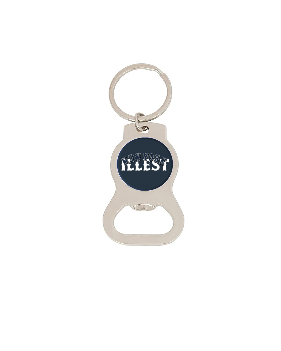 Illest New York Bottle Opener Keychain with a silver finish and a round logo displaying "Illest New York" on a dark background.