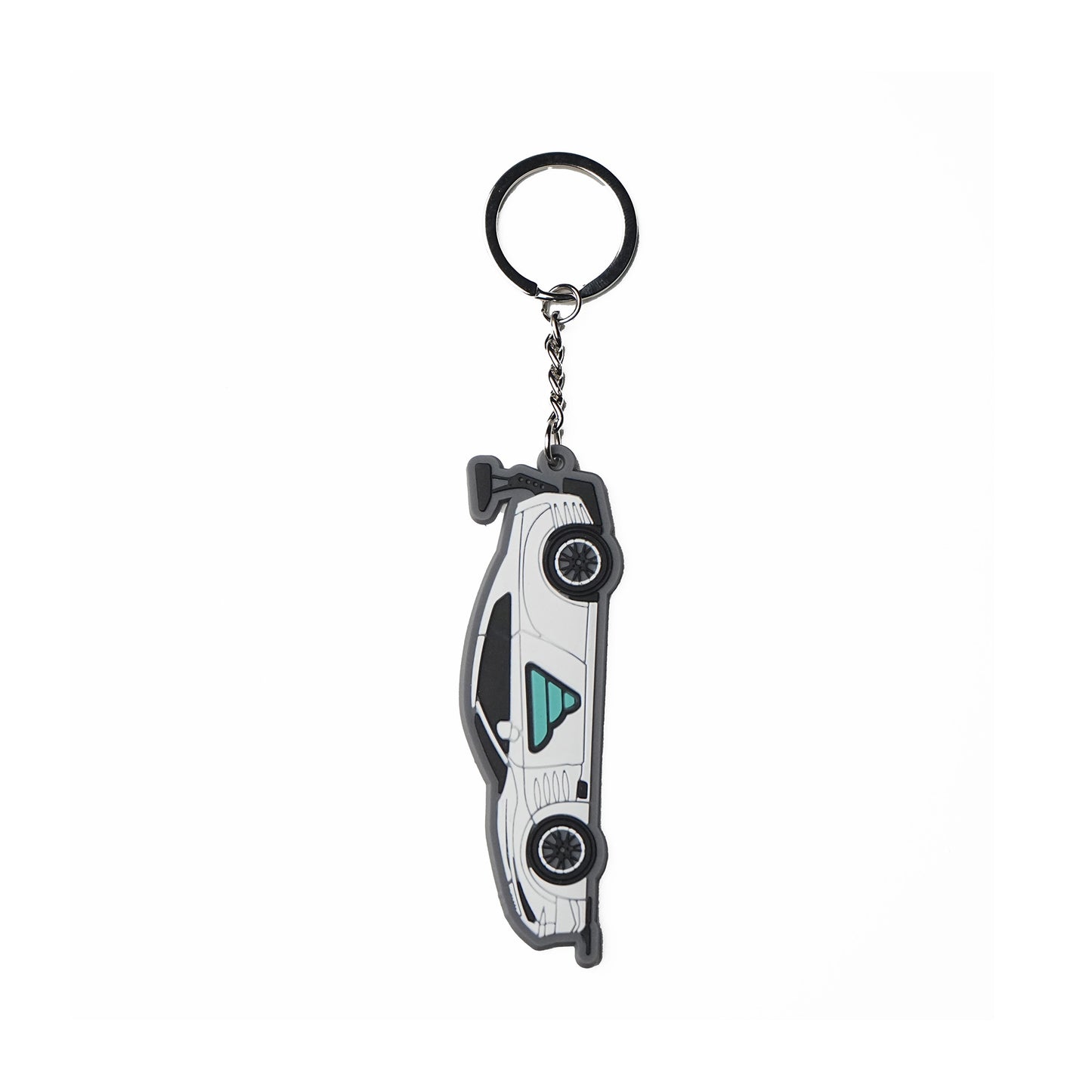 Fatlace GTR car-shaped keychain with a black metal ring and chain, featuring a detailed white and black design.