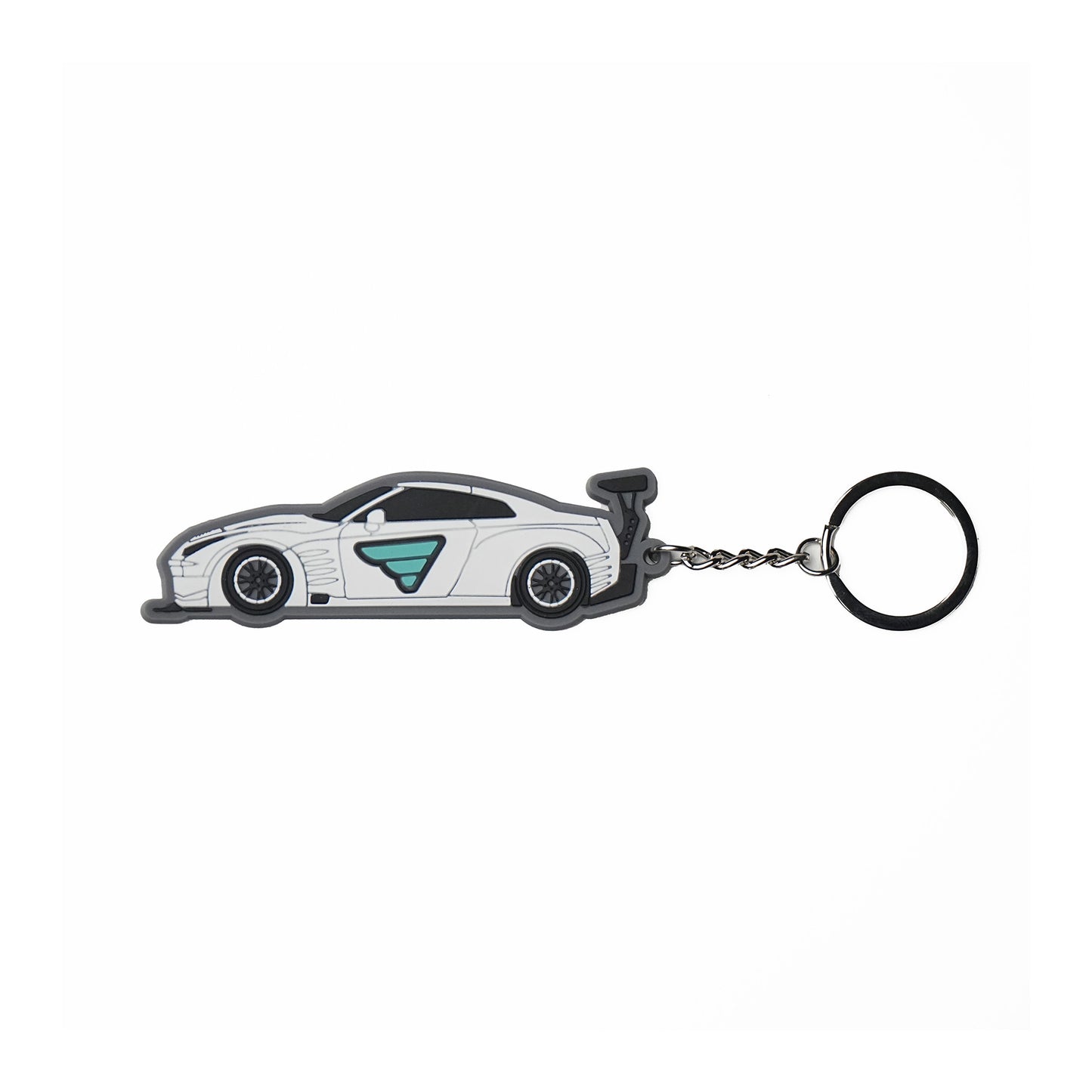 Fatlace GTR car-shaped keychain with a white body, black accents, and a teal logo, attached to a metal chain and ring.
