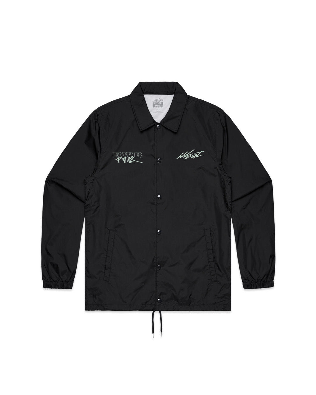 Black coach jacket with embroidered logos on chest, snap buttons, elastic cuffs, and a drawstring hem.