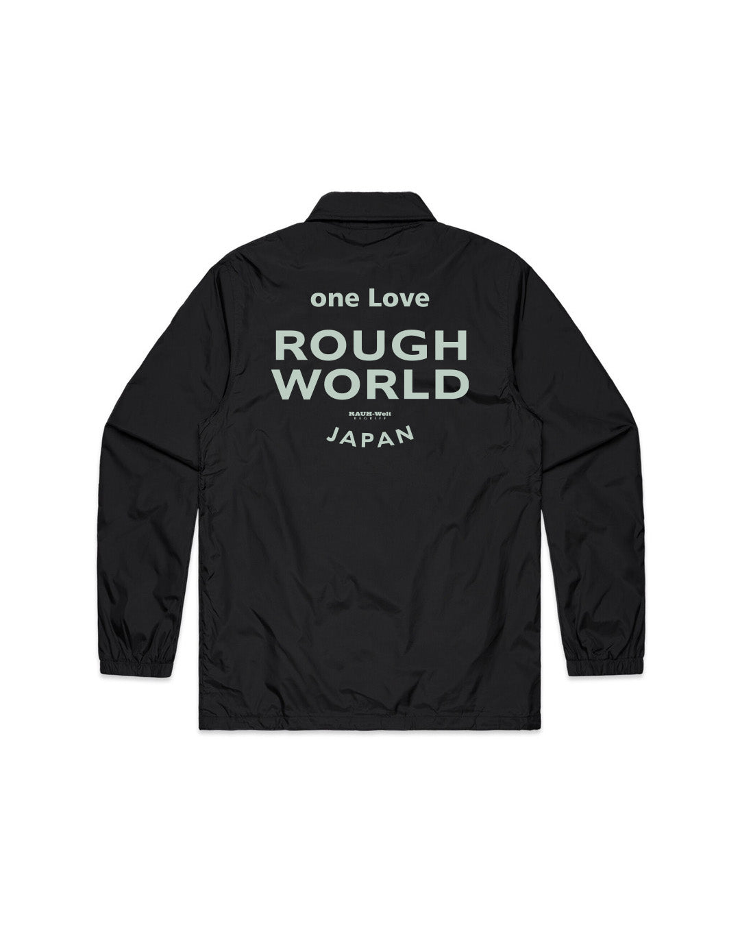 Black coach jacket with bold "Rough World" and "Japan" text on the back, featuring a relaxed fit and lightweight design.