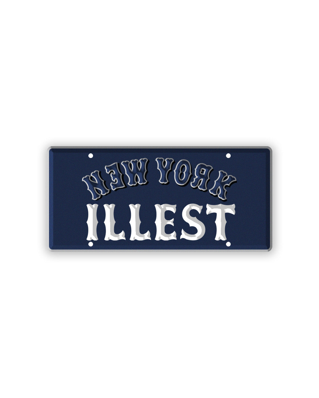 A dark blue New York vanity license plate with the word "ILLEST" in large white letters and "NEW YORK" in smaller outline text above.