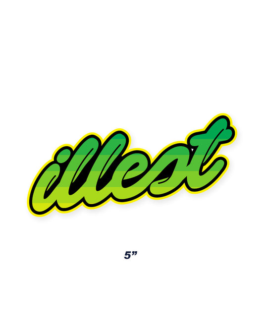 Green and black Illest script 5-inch sticker with a bold outline, designed for decoration or branding.