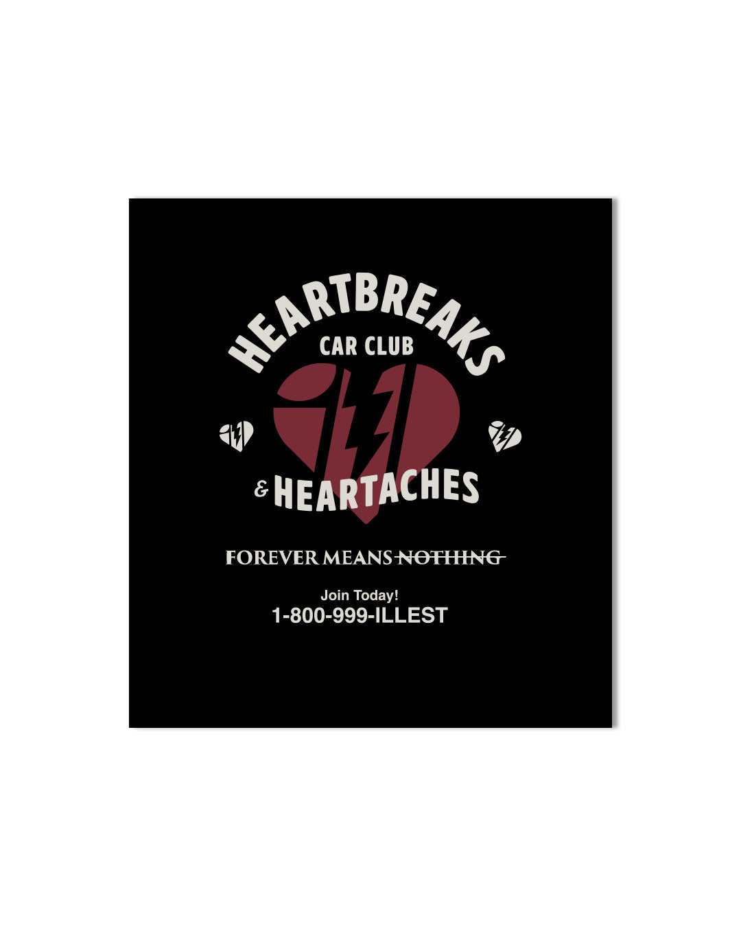 Black sticker with a broken heart graphic, lightning bolt, and text promoting a heartbreak-themed car club and community.