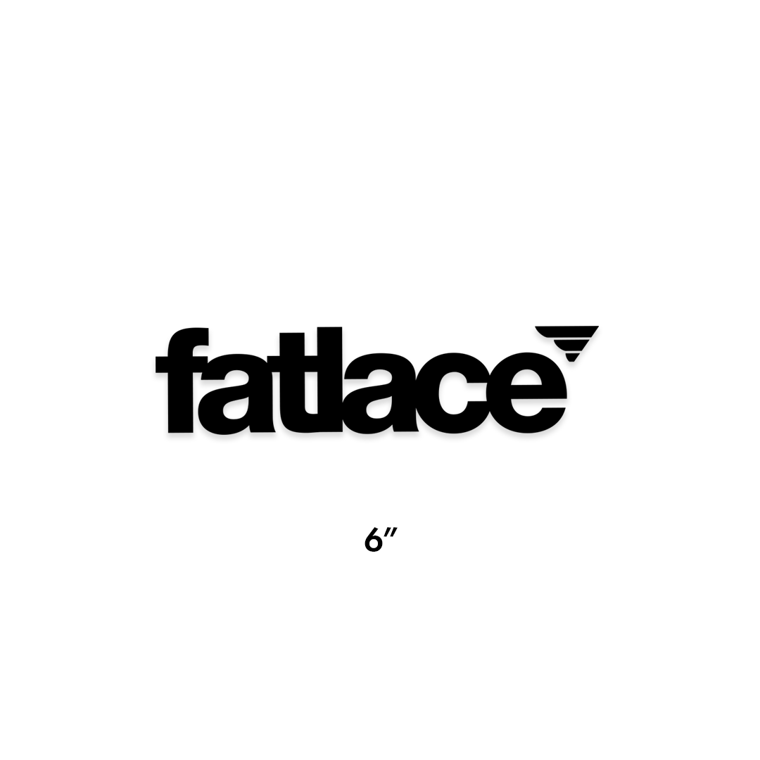 Black Fatlace logo die-cut sticker with bold lettering and a small stylized wing design, measuring 6 inches.