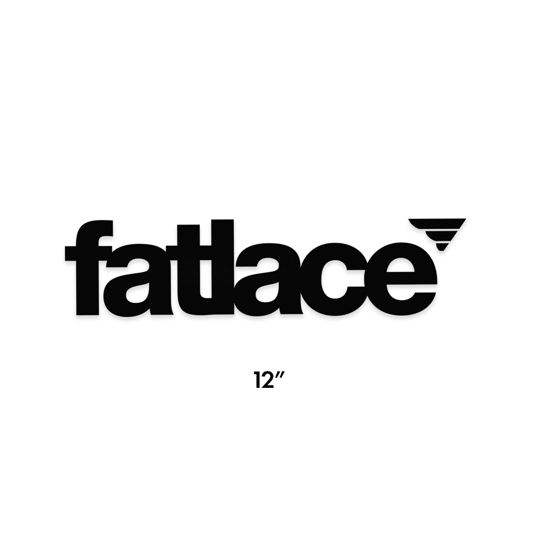 Black 12-inch Fatlace die-cut sticker with bold logo and stylized wing design on the top right corner.