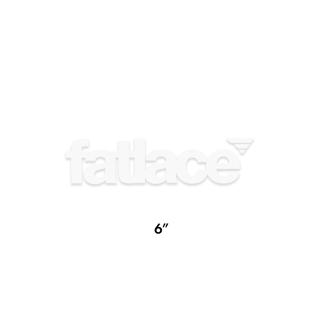 White Fatlace logo die-cut sticker measuring 6 inches with bold, stylized text and a small arrow accent.