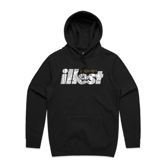 Black hoodie with "Illest Heritage" logo in white with intricate patterns on the chest, featuring a drawstring hood and front pocket.