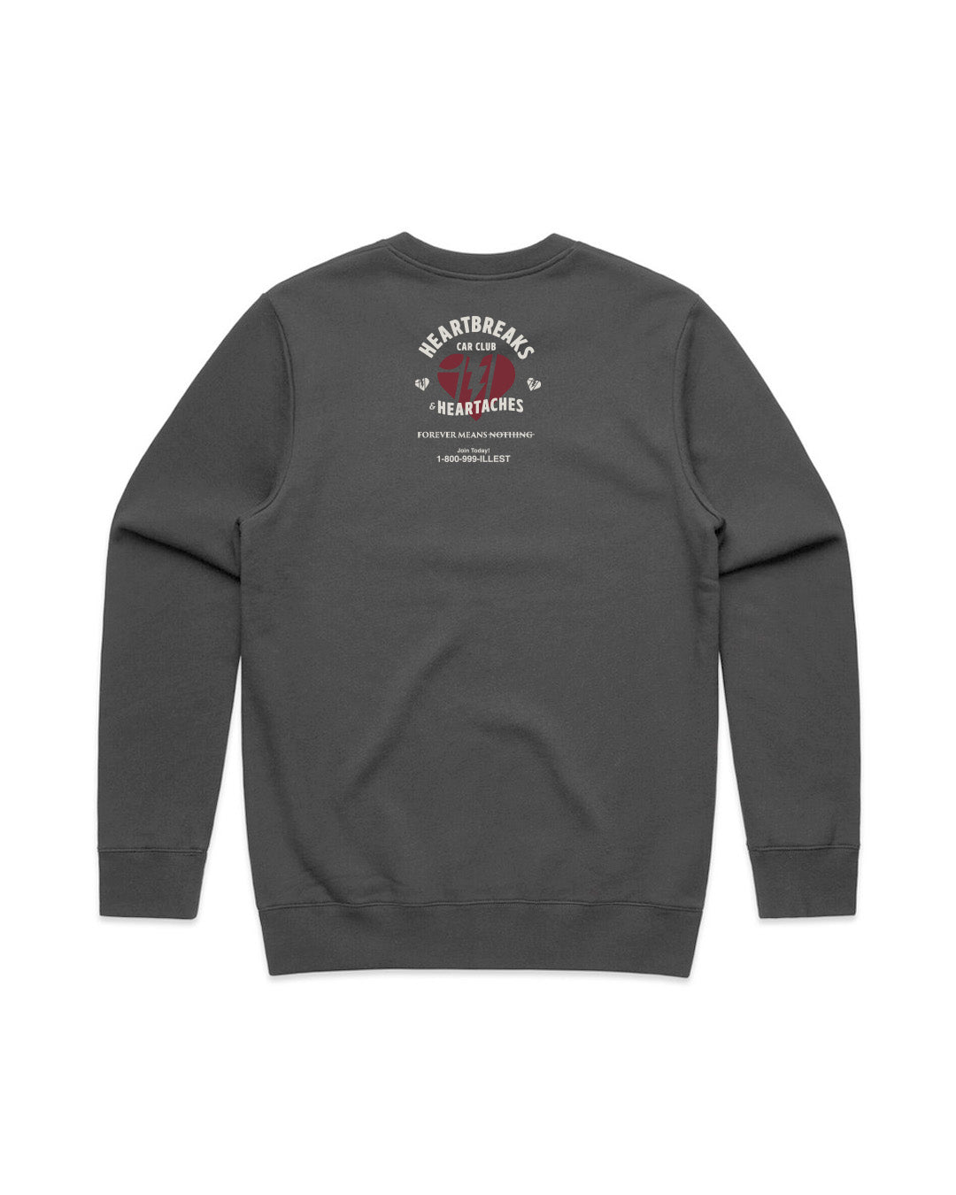 Back view of a faded black crewneck sweatshirt with graphic text and logo for Forever Means Nothing brand.