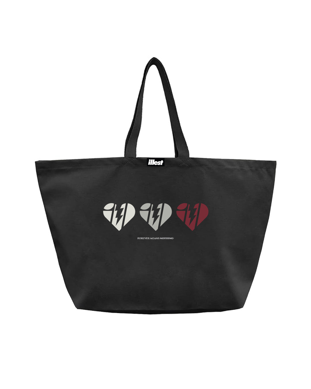 Black tote bag with three heart-shaped graphics and the phrase "Forever Means Nothing" printed below.