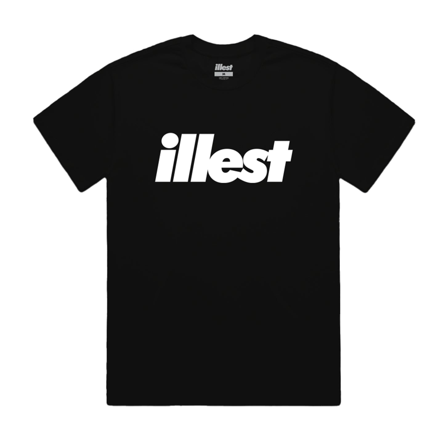 Black T-shirt with bold white "illest" logo across the chest, featuring a classic crew neck and short sleeves.