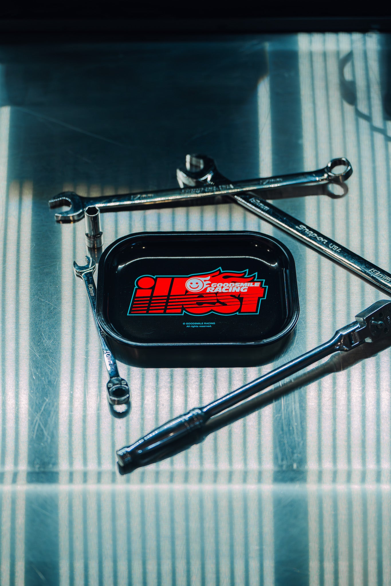 ILLEST x GOODSMILE GT Metal Tray with wrench tools on a metallic surface, featuring the ILLEST and GOODSMILE RACING logo.