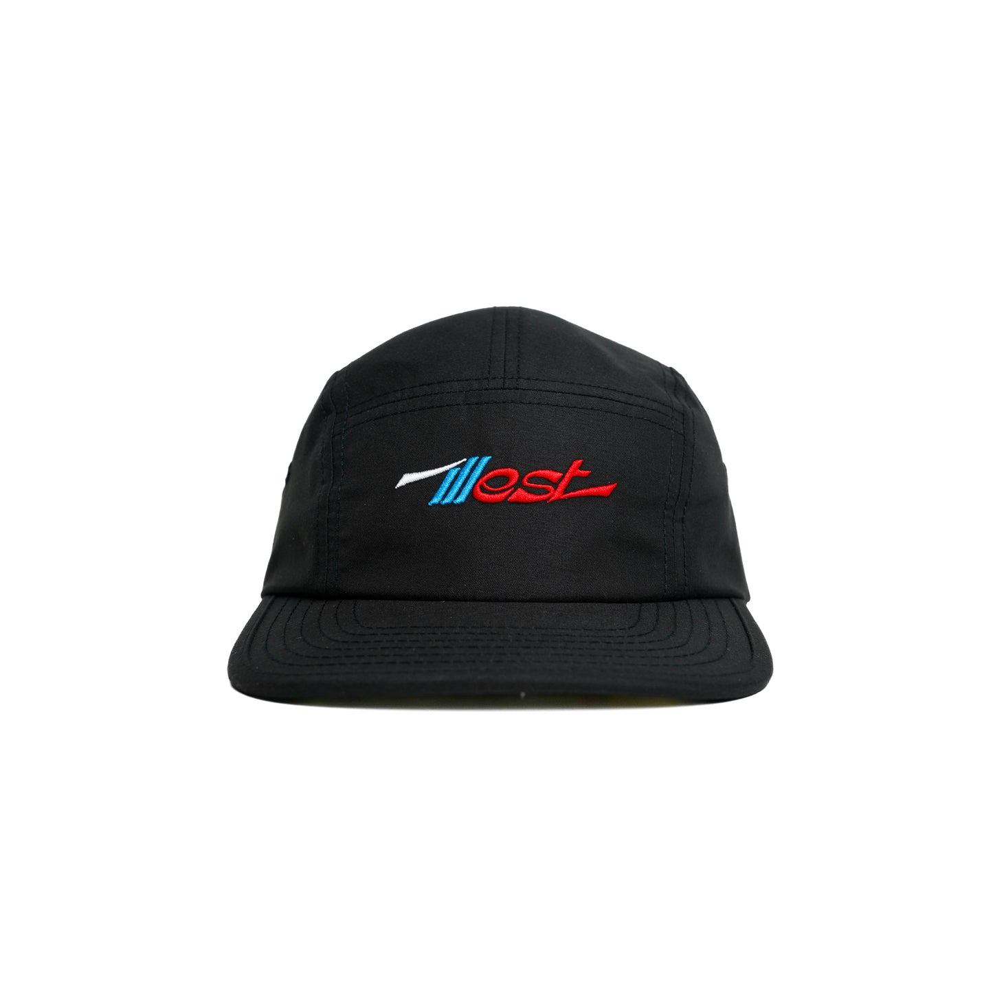 Black five-panel cap with embroidered Illest logo in blue, white, and red on the front, featuring a curved brim and adjustable strap.