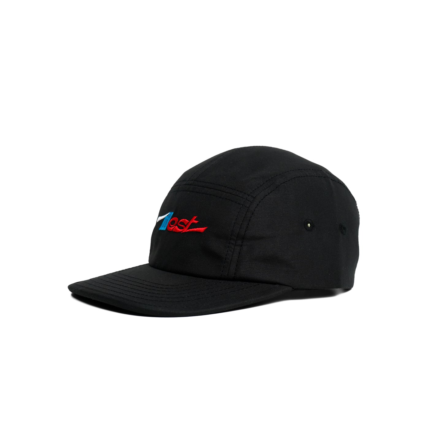 Black five-panel cap with embroidered Illest logo in red, blue, and white on the front, featuring ventilation eyelets on the sides.