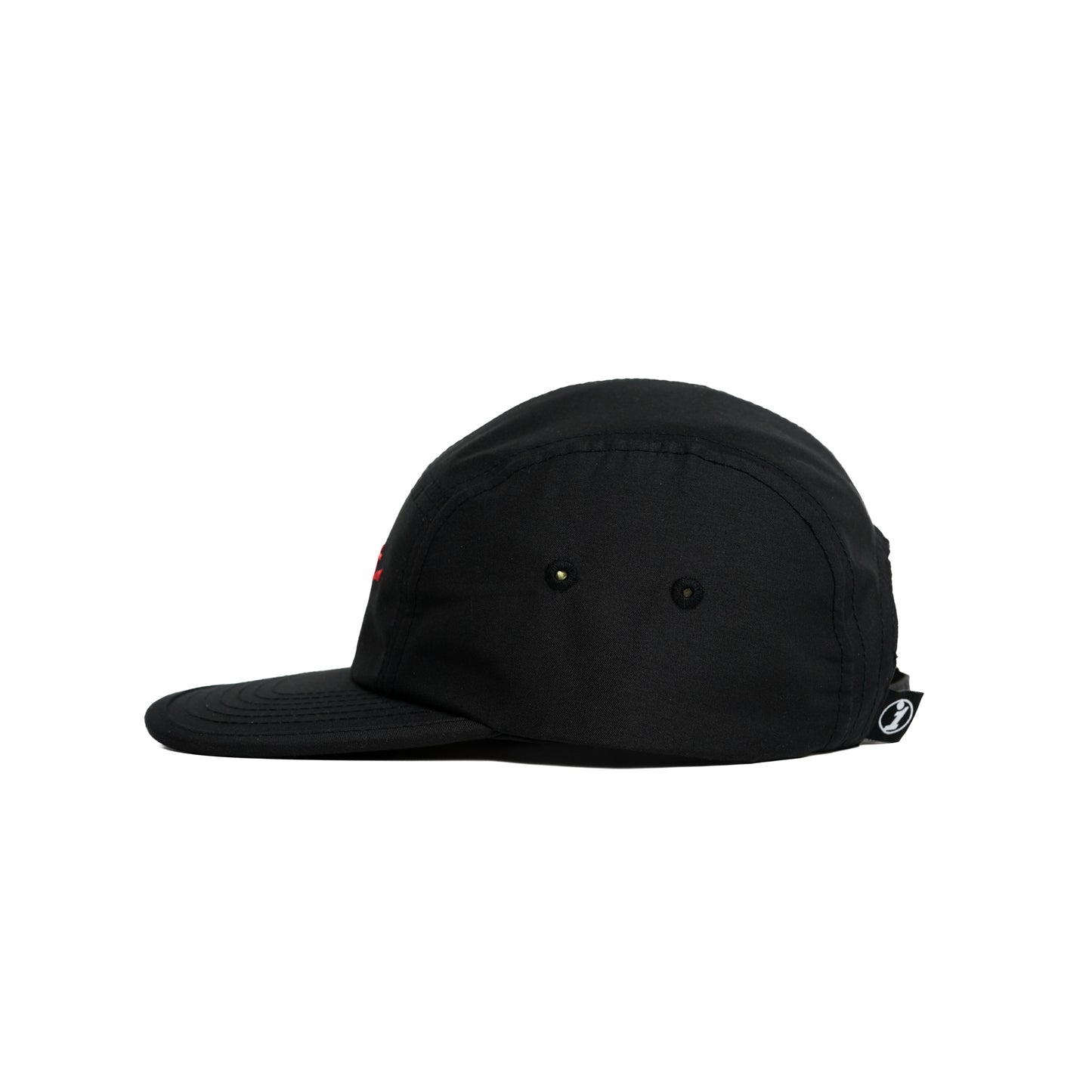 Black five-panel cap with a curved brim, adjustable strap, and subtle branding details, designed for casual streetwear.