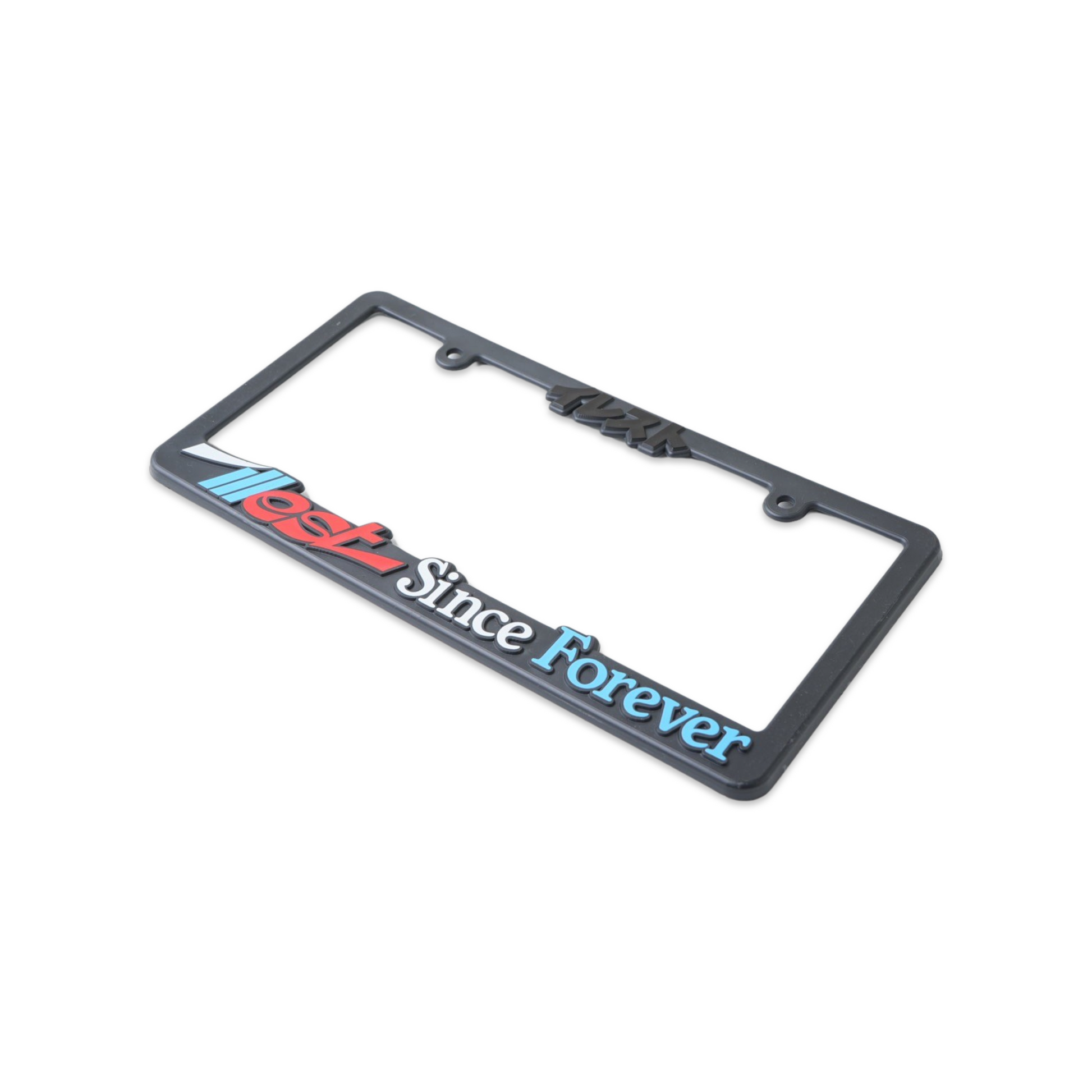 Black license plate frame with colorful "Since Forever" text in red, white, and blue, designed for car license plates.