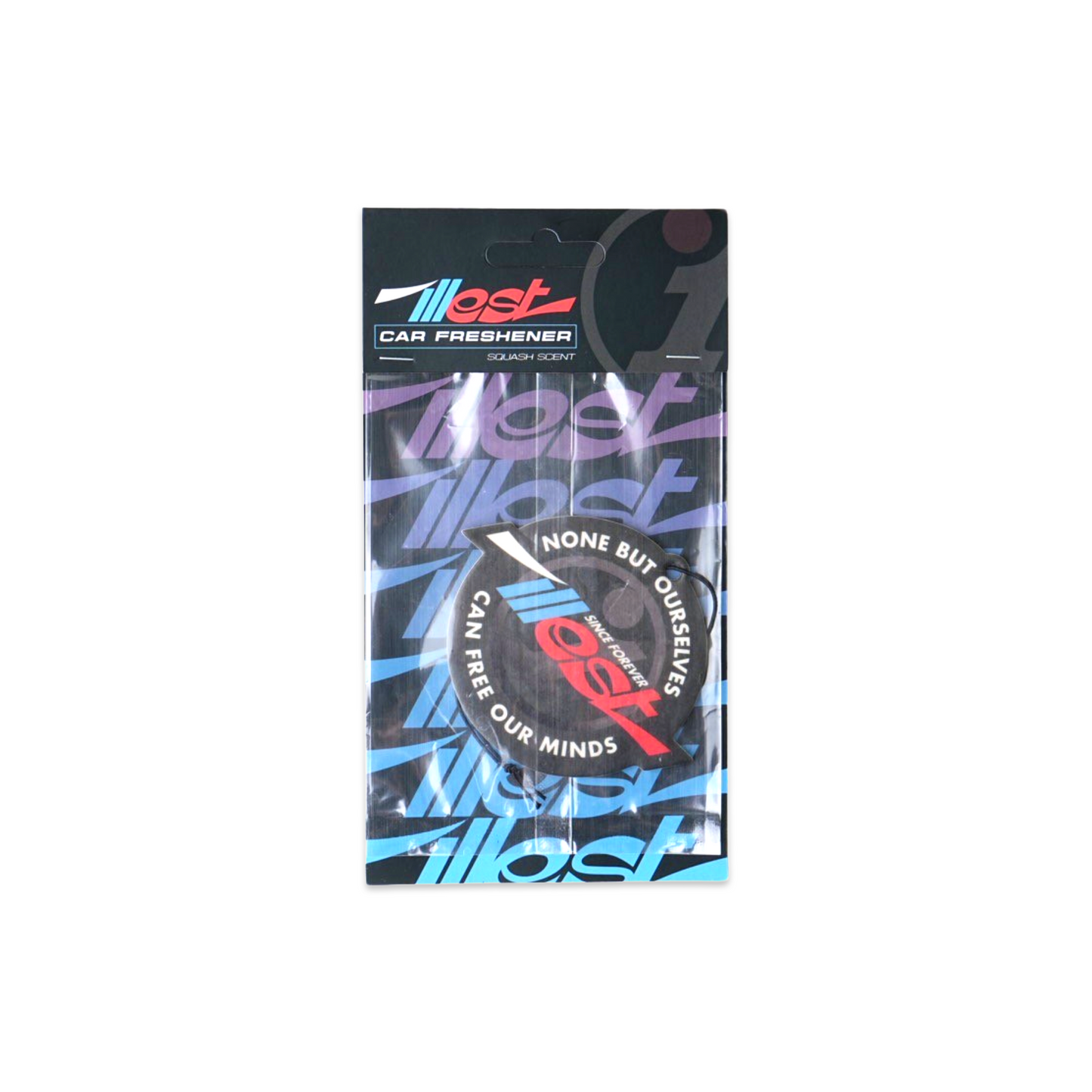 Essential air freshener with squash scent in black packaging featuring colorful branding and a hanging loop.