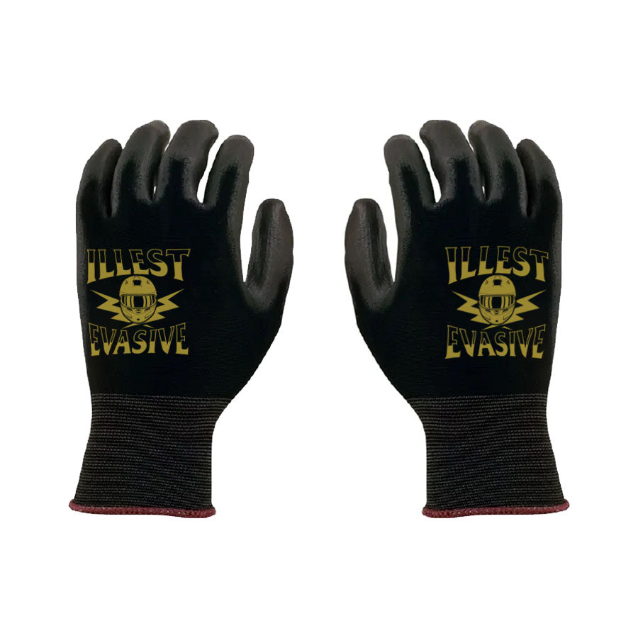 Pair of black Evasive Mechanic Gloves with yellow Illest branding and logo, designed for durability and grip.