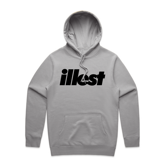 Light gray hoodie with a bold black "illest" logo across the chest, featuring a front pocket and adjustable drawstring hood.