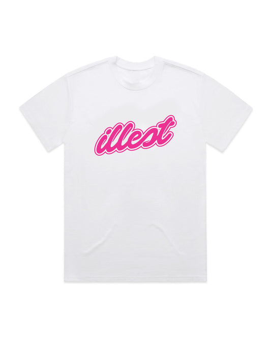 White T-shirt with pink "Illest" script logo across the chest, casual streetwear style, short sleeves, crew neck.