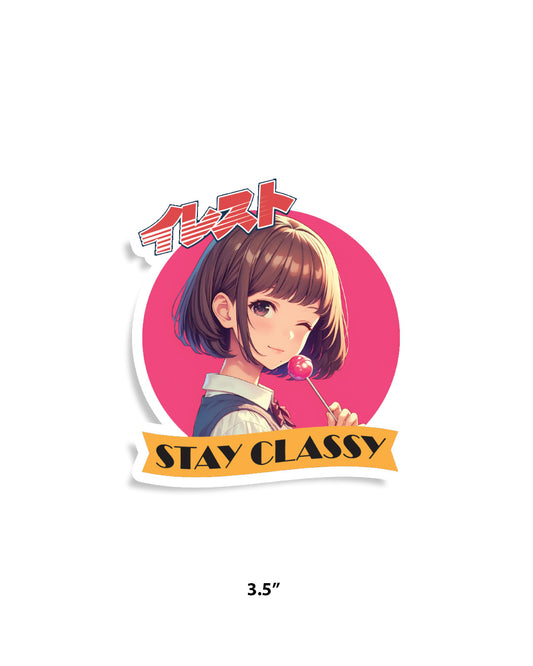 Anime-style girl with short brown hair holding a pink lollipop, with "Stay Classy" banner and Japanese text on pink background.
