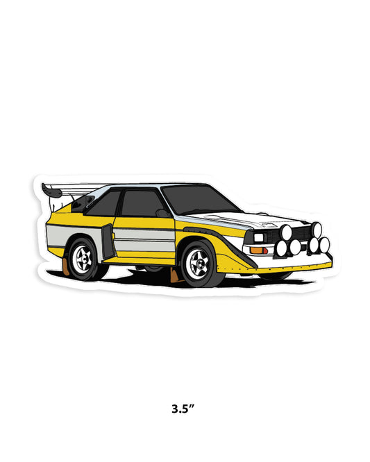 Illustration of a vintage rally car with a yellow, black, and gray color scheme, equipped with a large rear wing and multiple front lights.