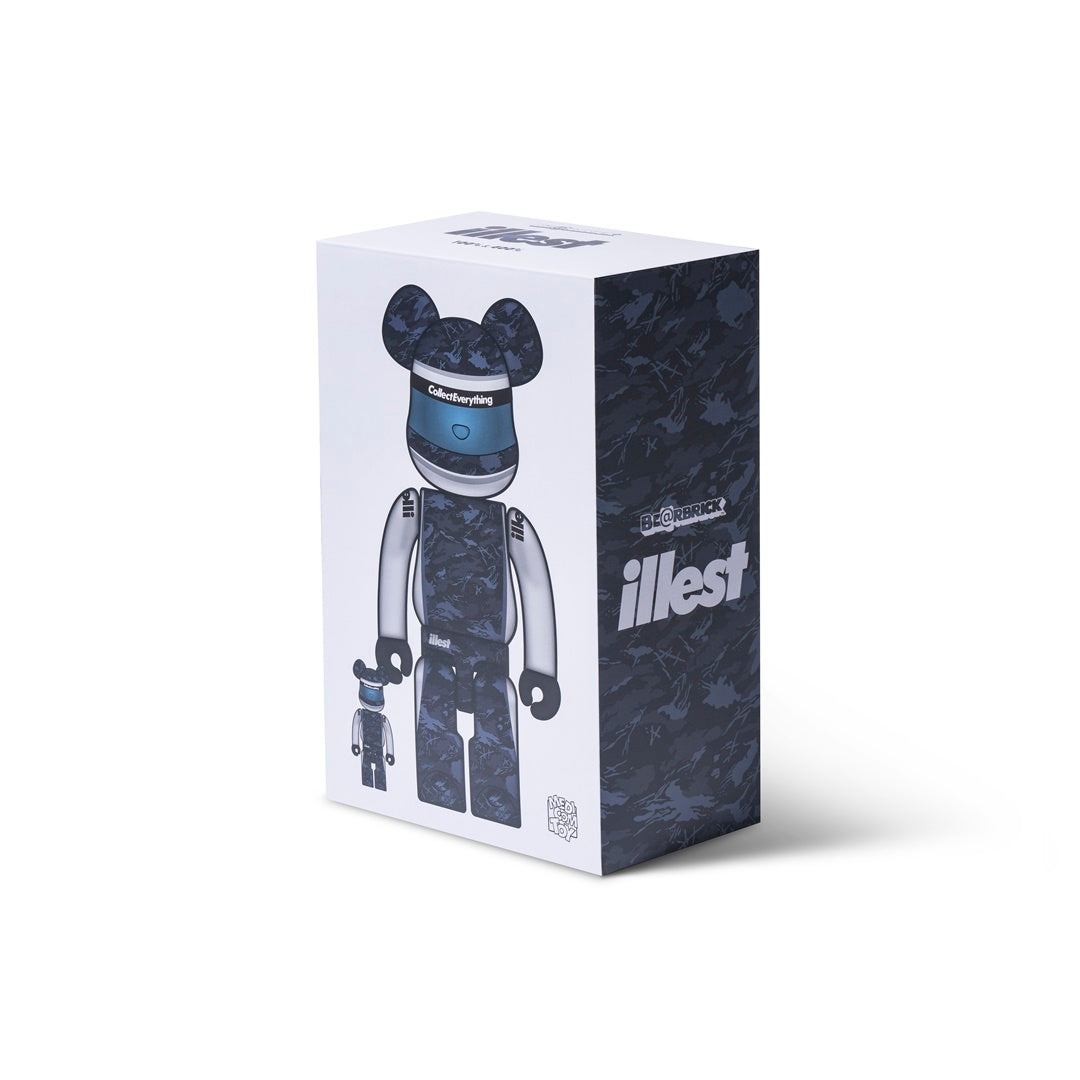 Show packaging featuring a Bearbrick figure with Motorhead-themed design in 400% and 100% sizes, in a white and dark blue box.