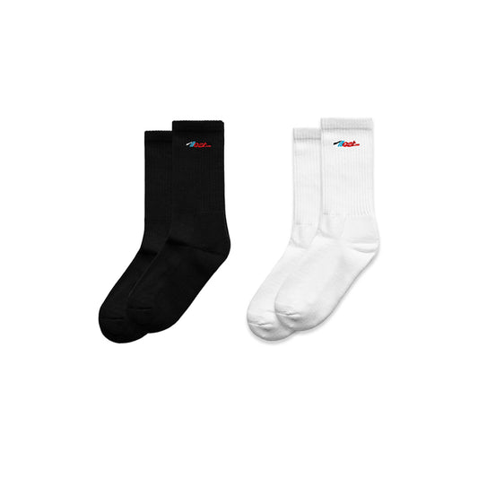 Pair of black and white high crew socks with embroidered Illest logo, sold as a 2-pack, designed for style and comfort.