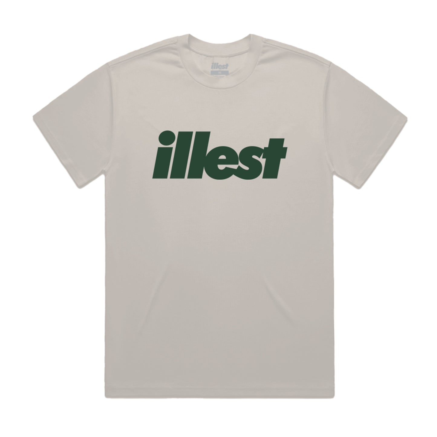 Ecru T-shirt featuring a bold, dark green "ilest" logo printed across the front.